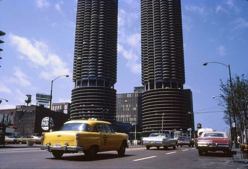 Yellow cab and Marina Towers