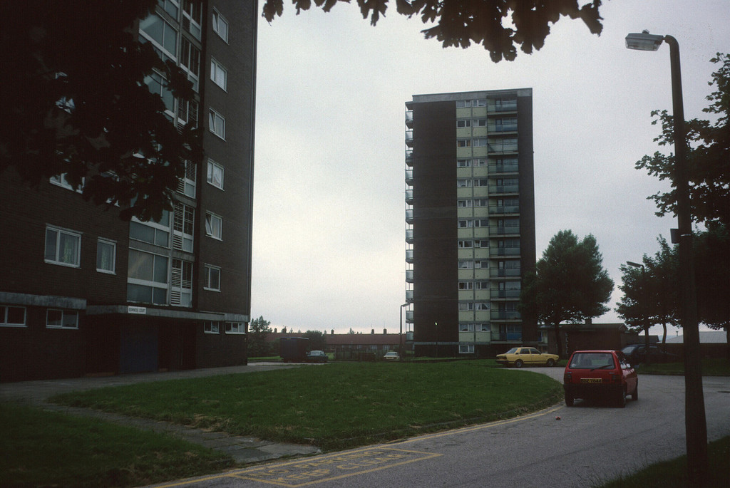 Rochdale. View of 13-storey blocks on Langley Estate