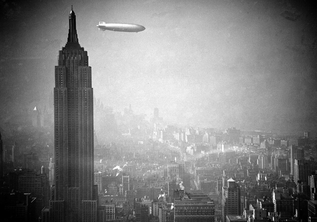 Airship Hindenburg flies past the Empire State Building on August 8, 1936
