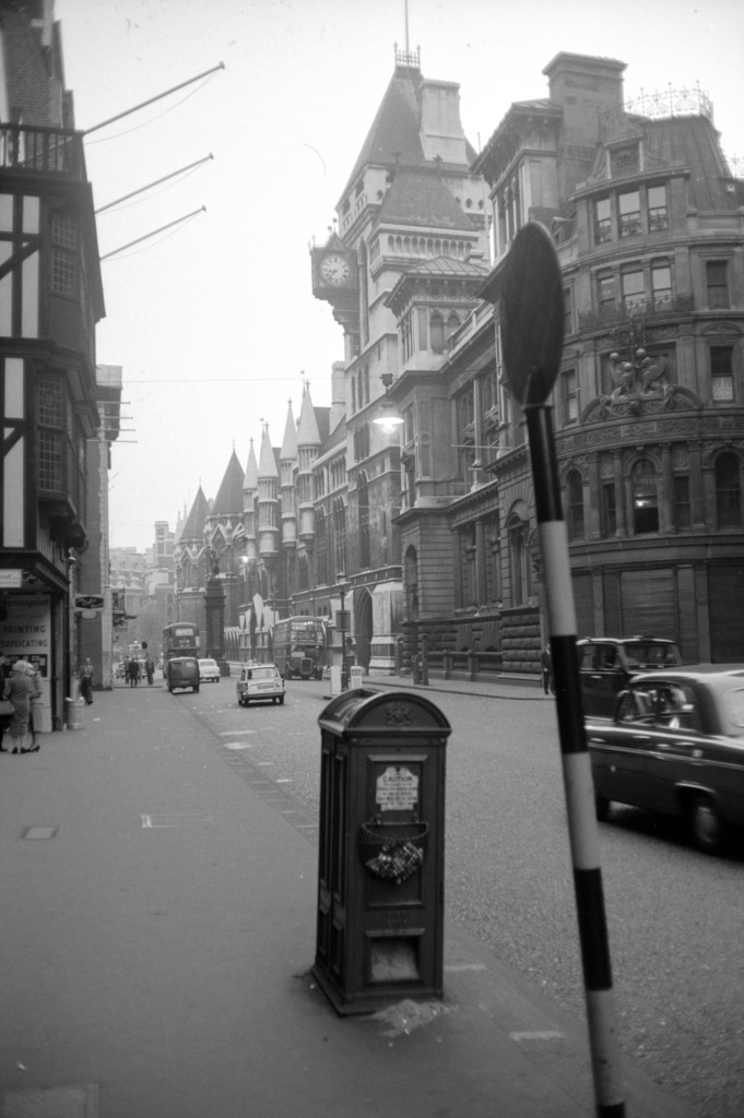 Fleet Street. Just before the junction of Chancery Lane, from Royal Courts of Justice (tower clock)