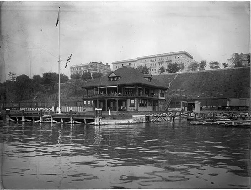86th Street and Hudson River. Columbia Yacht Club, general exterior from yacht on river.