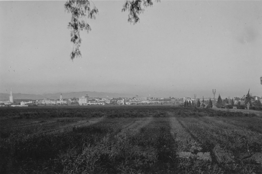 Westwood Village from Sepulveda Boulevard government truck gardens in foreground, Wilshire Boulevard on right