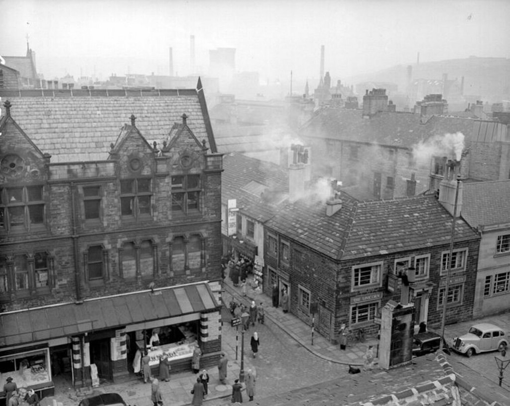 View of Market Hall, Shambles and Unicorn Pub, from top of Huddersfield Library