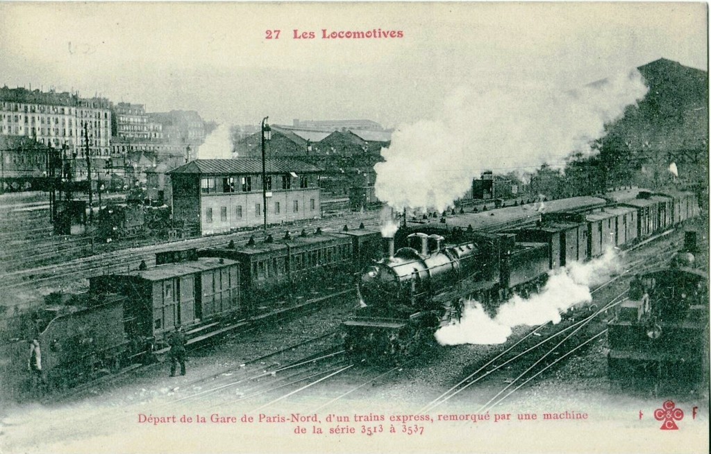 Départ de la Gare du Nord, d'un train express, remorqué par une machine de la série 3513 à 3537