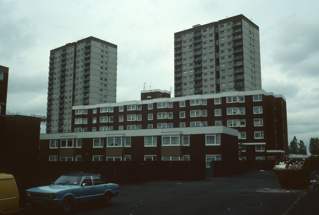 View of two 20-storey blocks in background with Kirkstead Court in foreground