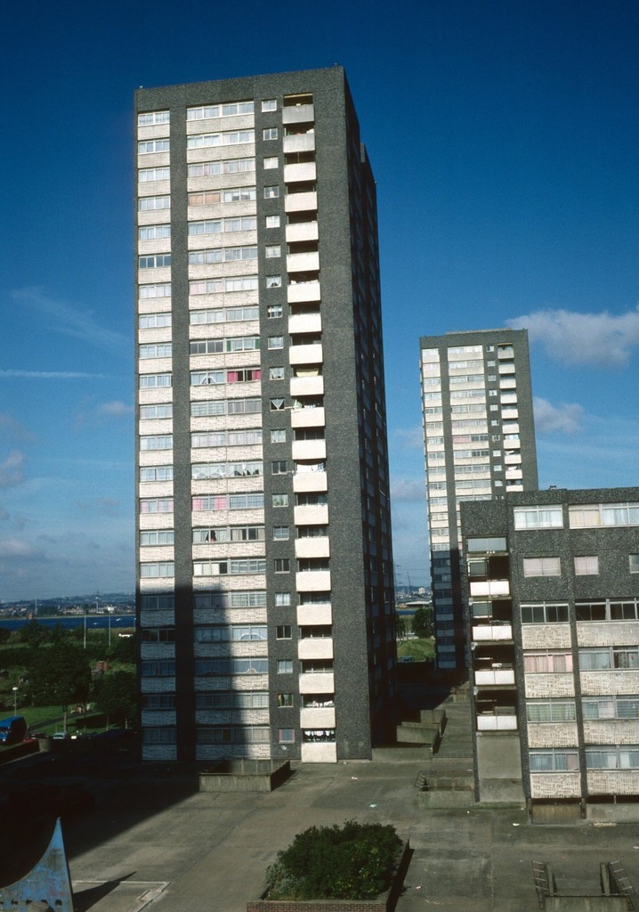 View of 22-storey and 7-storey blocks on Chingford Hall Estate