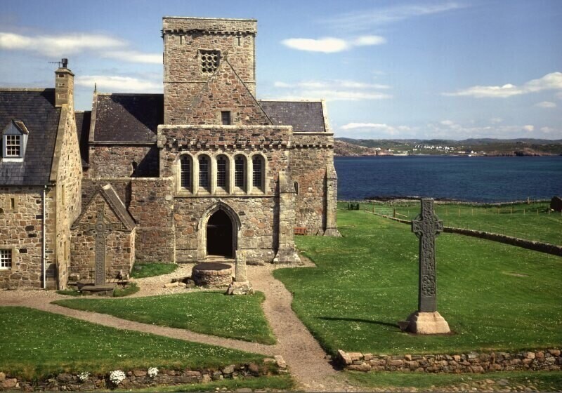 Iona Abbey. View of west door with St John's and St Martin's Crosses