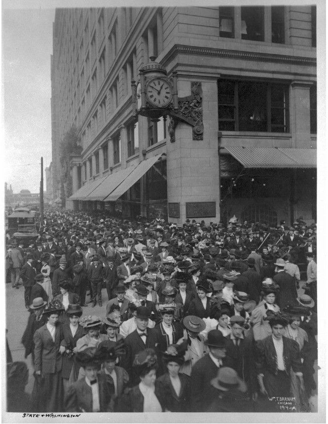 A photograph of crowds outside the Chicago department store Marshall Field & Co.