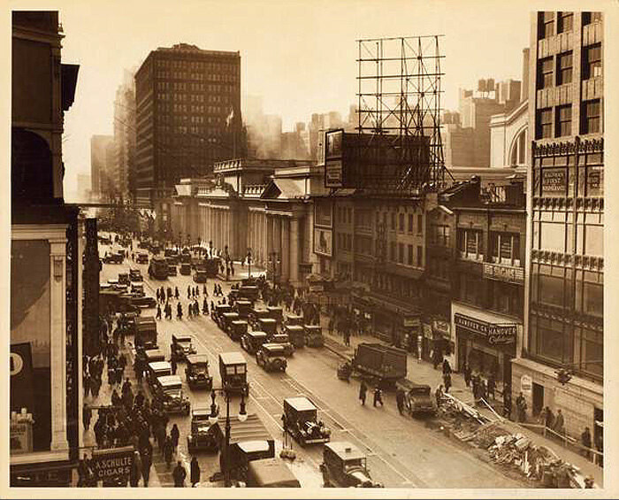 Seventh Avenue, east side, south from 34th Street. Pennsylvania Station at right centre. 1929