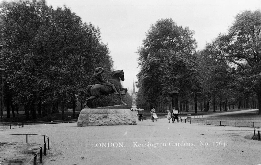 Kensington Gardens. Lancaster Walk. Physical Energy statue (1907) by George Frederick Watts