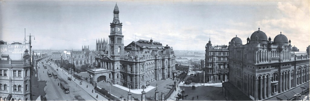 Panorama of Sydney. Town Hall and Queen Victoria Building