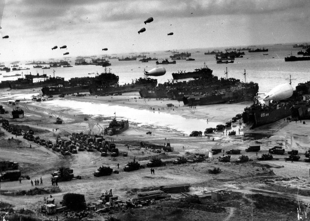 Landing ships putting cargo ashore on Omaha Beach