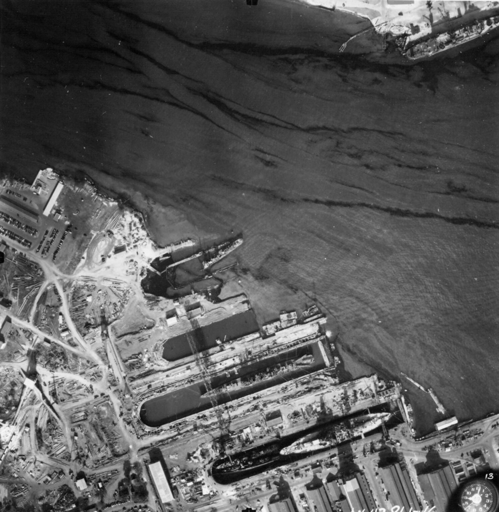 Vertical aerial view of the Pearl Harbor Navy Yard on 10 December 1941