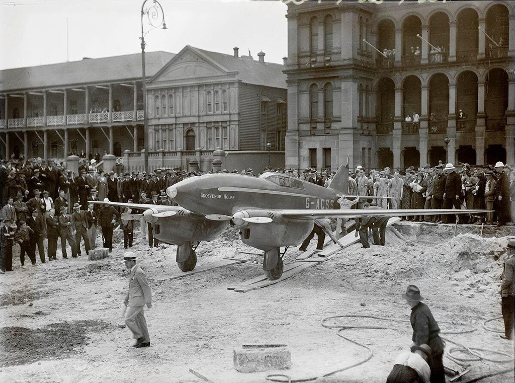 Comet aircraft displayed in Martin Place. NSW Parliament and Sydney Hospital in the background