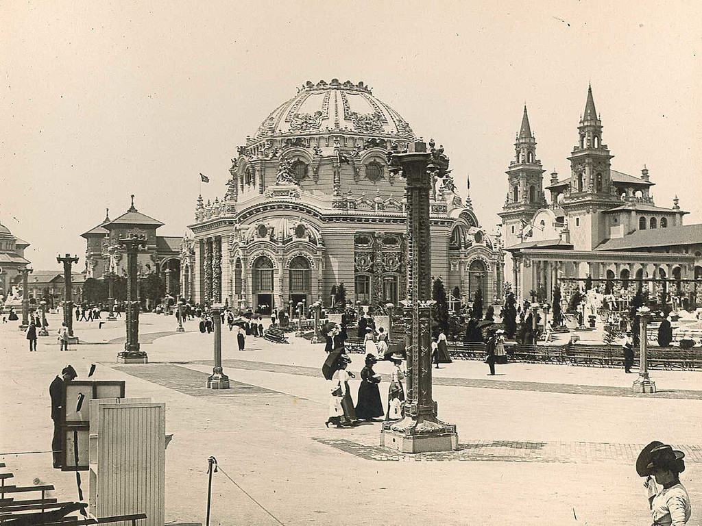 The Temple of Music at the Pan-American Exposition with Machinery and Transportation Building