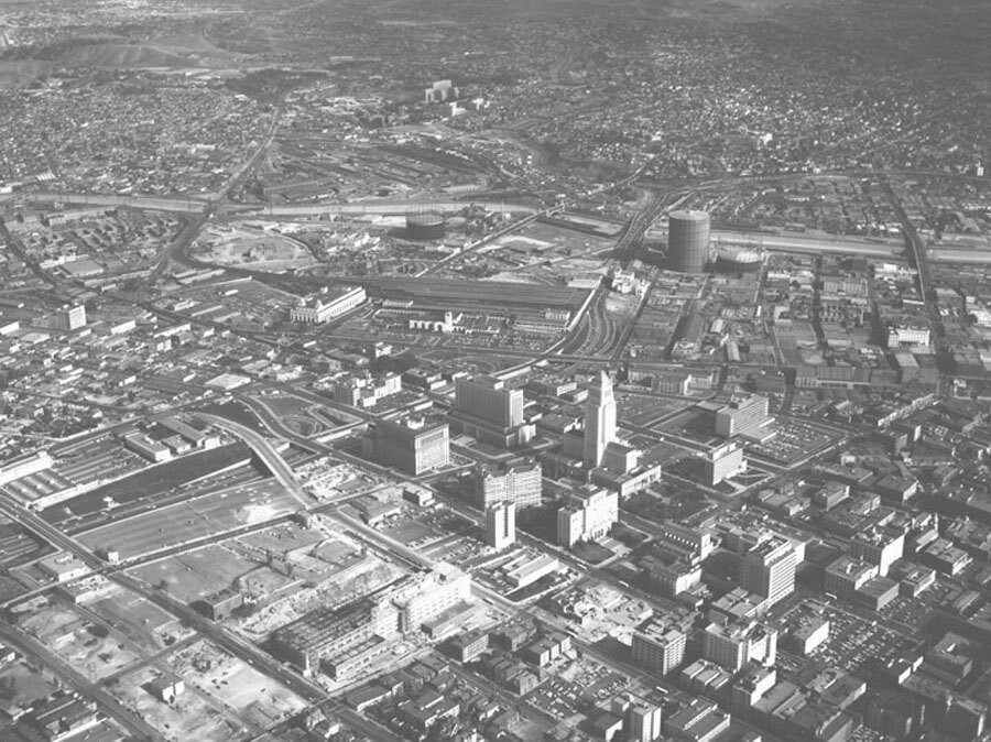 Aerial view of Civic Center, looking east