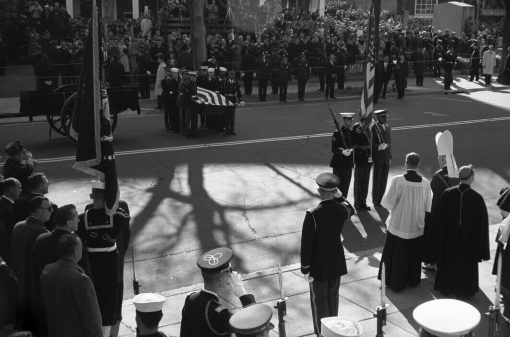 Coffin of John Fitzgerald Kennedy in front of church service