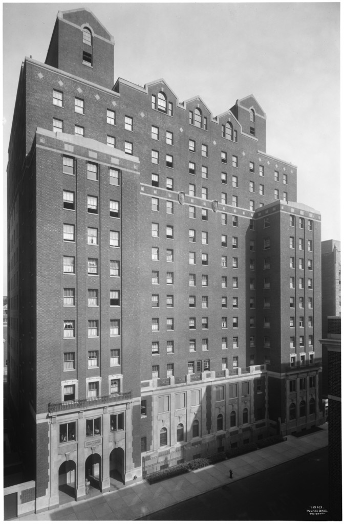 100th Street and 5th Avenue. School of Nursing, Mt. Sinai Hospital. Exterior from west
