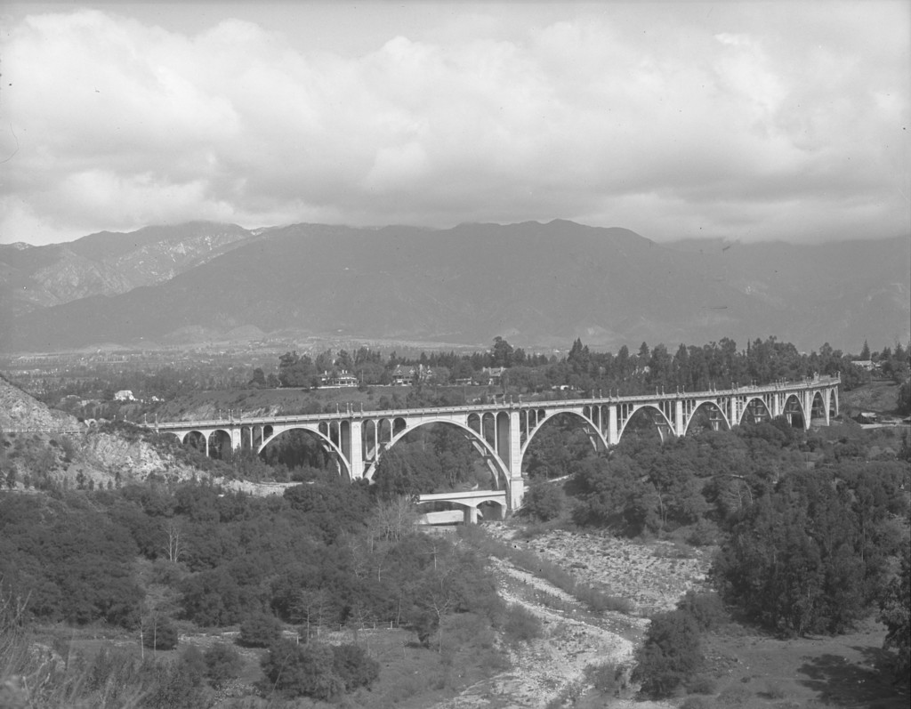 The Colorado Street Bridge, San Gabriel mountains in the background