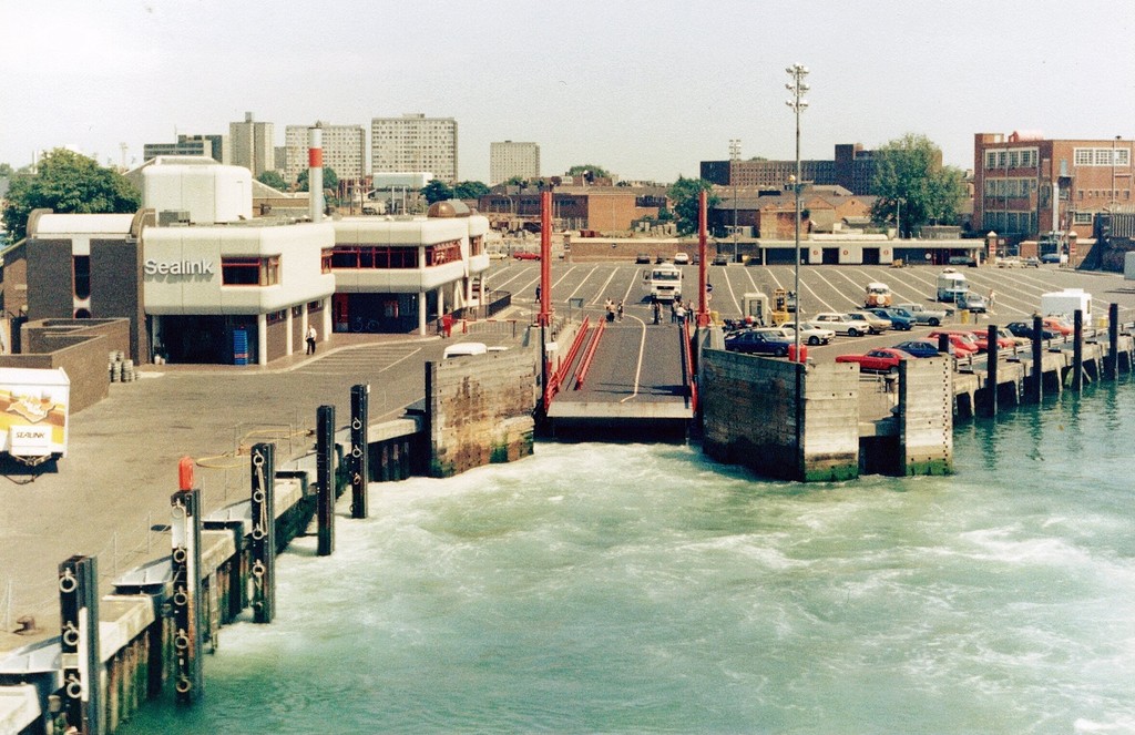 Portsmouth Harbour: looking back from car-ferry leaving Gunwharf Terminal for Fishbourne