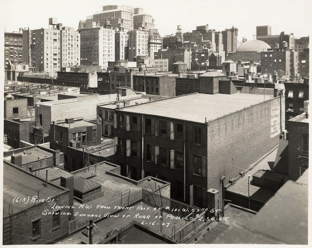 Looking northwest from front roof of 101 West 52nd Street showing general view of rear on Parcels #2, 3, 4 and 5