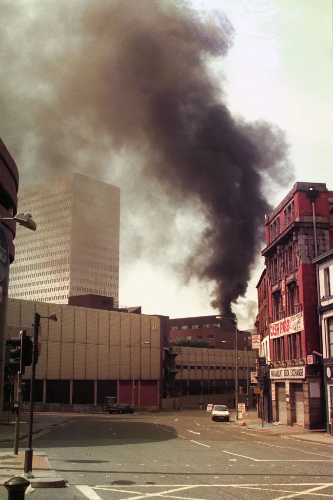 Smoke rising after the IRA bomb's explosion