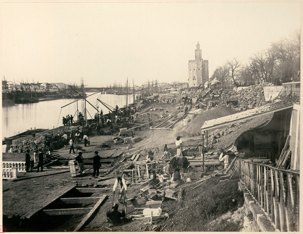 Vista de las obras tomada desde la parte superior del muelle de San Telmo