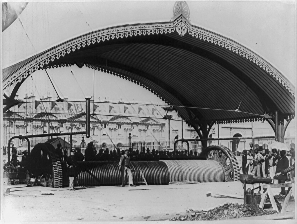 Grand ballon captif à vapeur de Henry Giffard. Câbles ballon sous voilure ornée