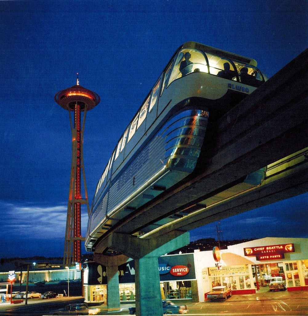 Monorail at Centuary 21,with Space Needle in the background,Seattle Worlds Fair