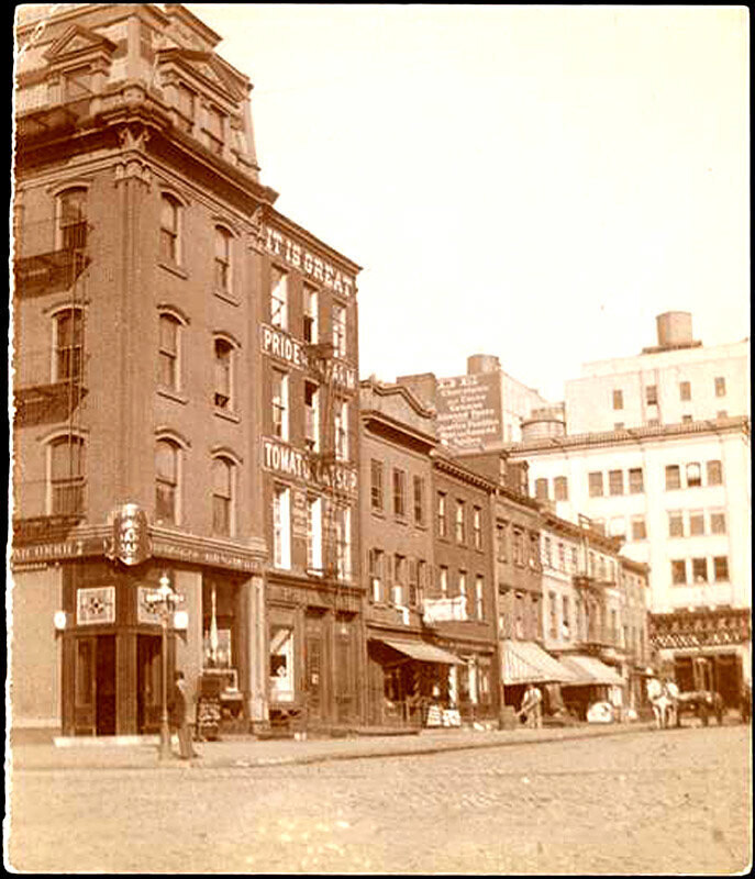 North side of Spring Street, looking west (? east) from Washington Street and Greenwich Street