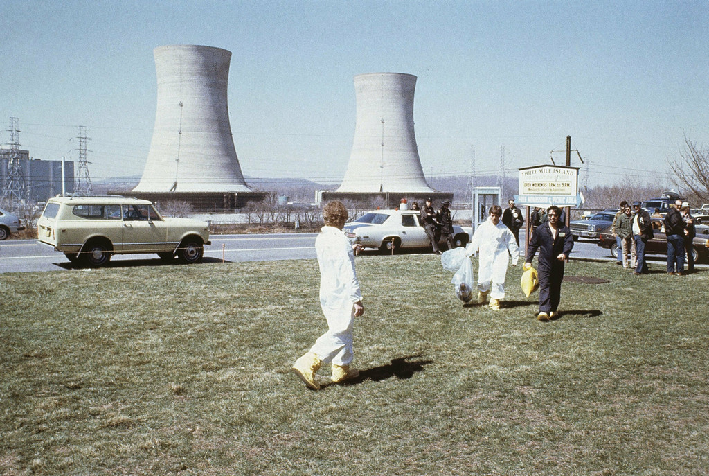 View of River Road and Three Mile Island power plant after it started leaking radioactive steam