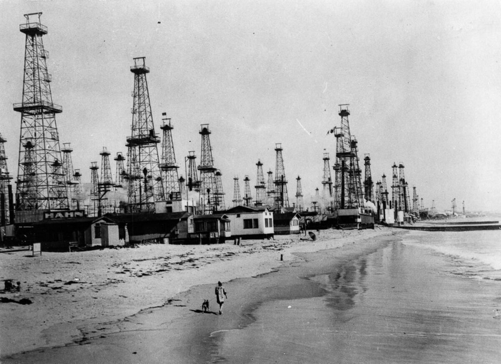 Oil derricks line the coast of Venice