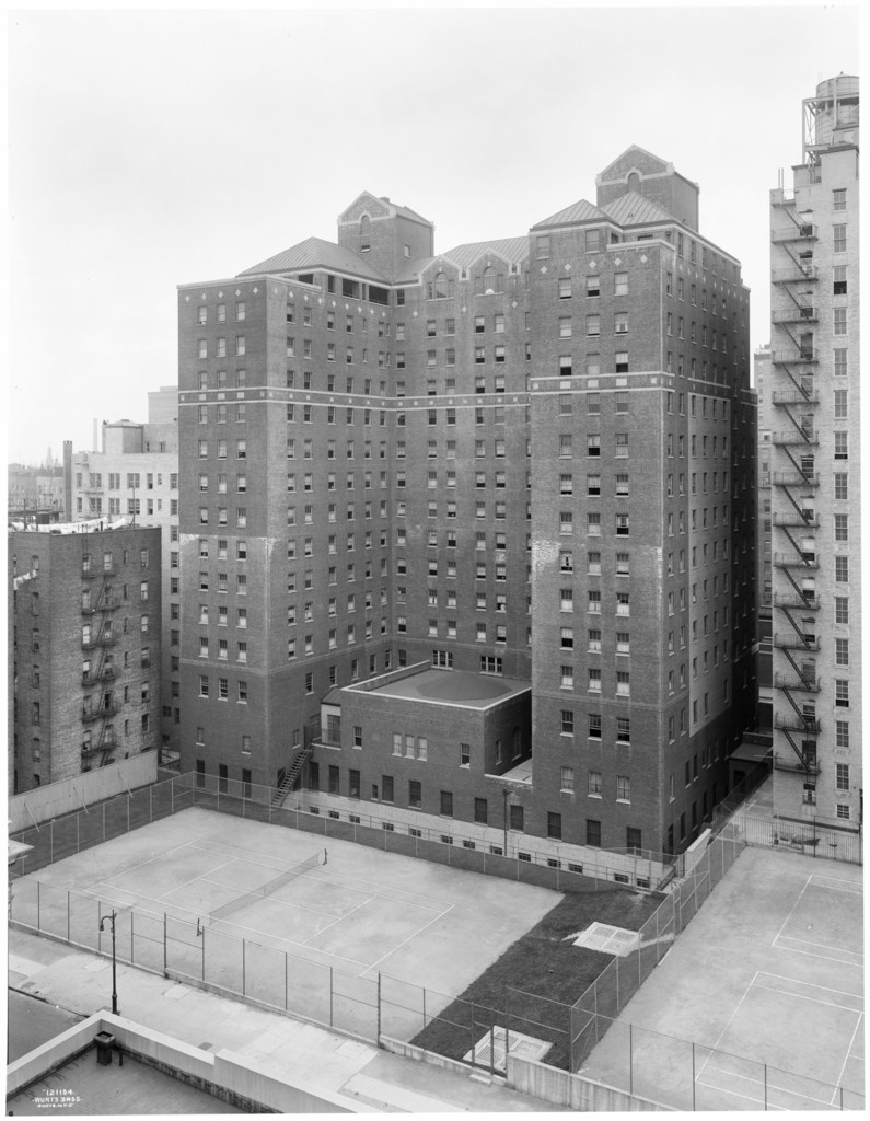 100th Street and 5th Avenue. School of Nursing, Mt. Sinai Hospital. Exterior from north