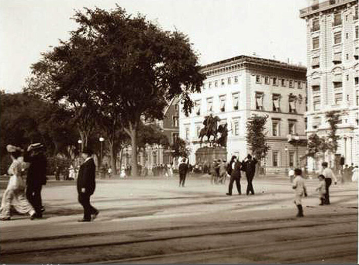 Fifth Avenue, at 60th Street, east side showing famous Equestrian Statue in Circle.