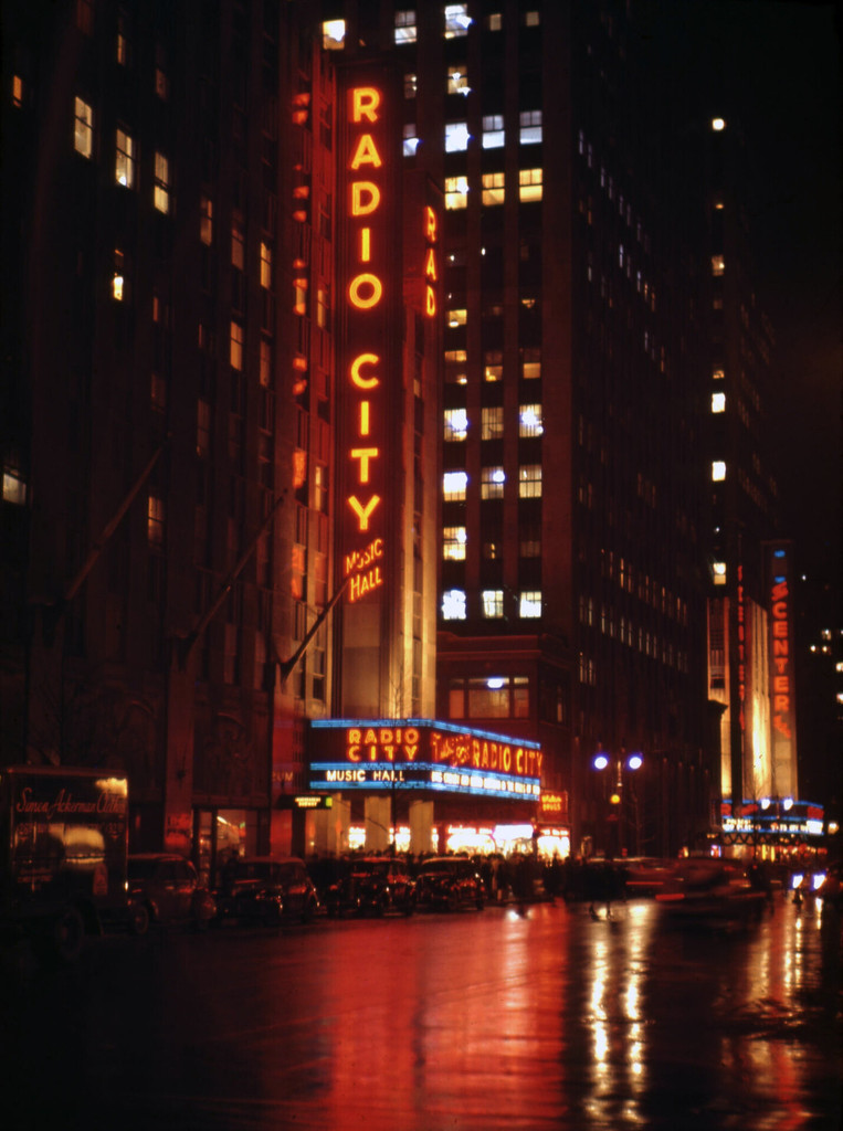 Radio City Music Hall lit up at night