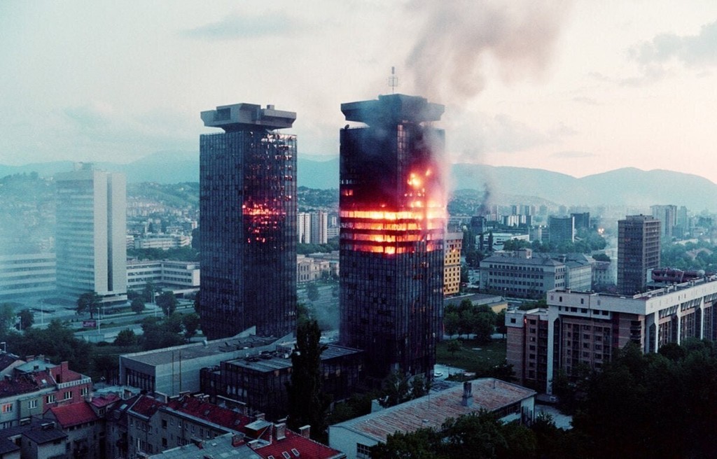 Burning skyscrapers after firing army JNA (tower UNIS)