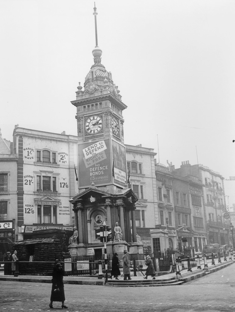 The Clock Tower, North Street with sandbagged Police Post, during the Second World War