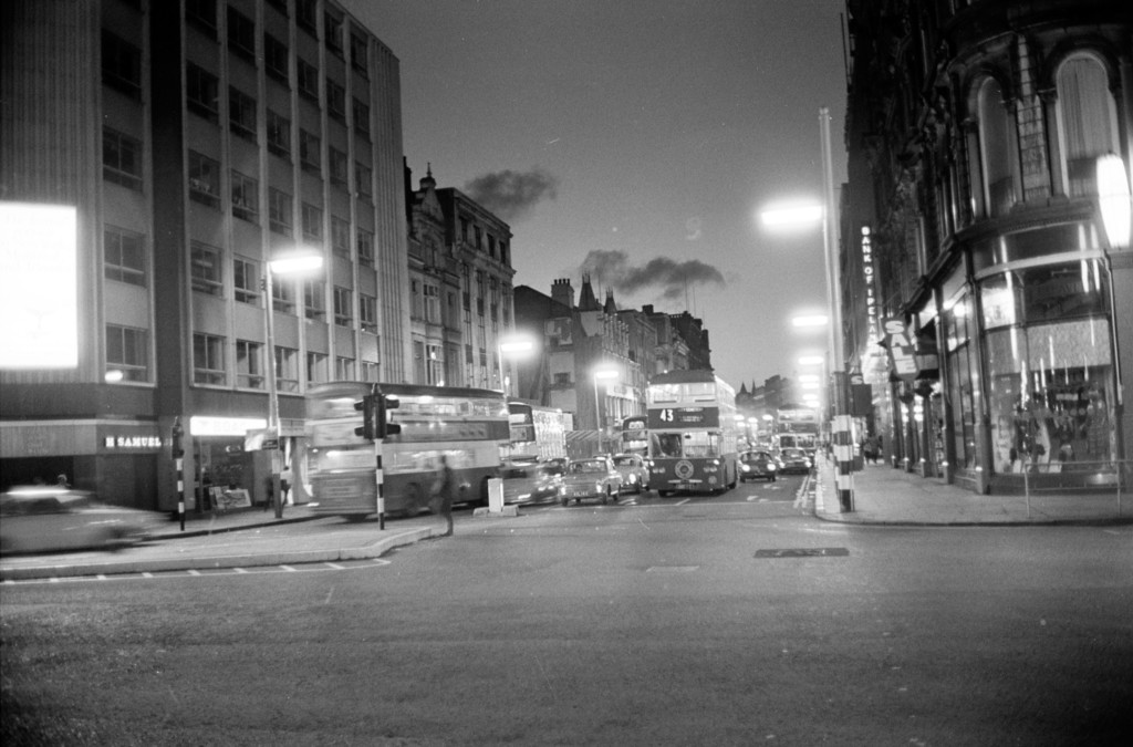 Belfast. Donegall Place in the evening, at the junction with Donegall Square
