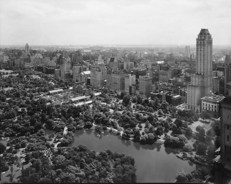 City view from Hotel Barbizon, looking N.E. across Central Park and up 5th Avenue, about 1940.