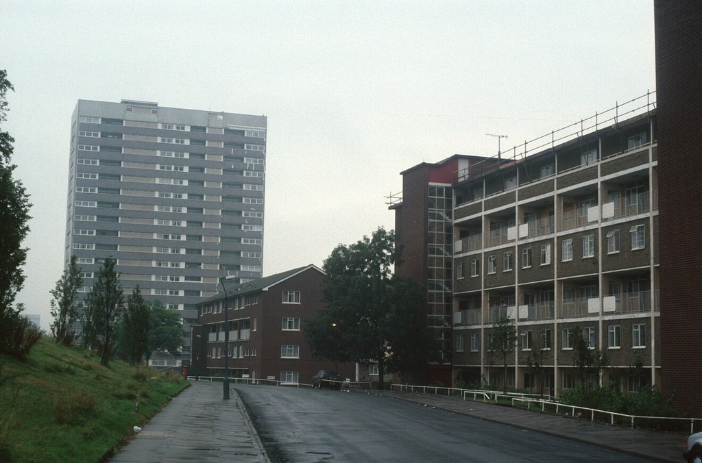 Birmingham. View of 6-storey block with Haddon Tower
