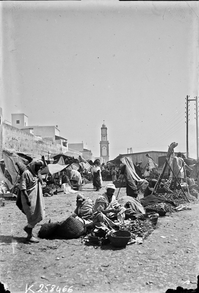 Casablanca. A corner of the market, in the background the clock tower