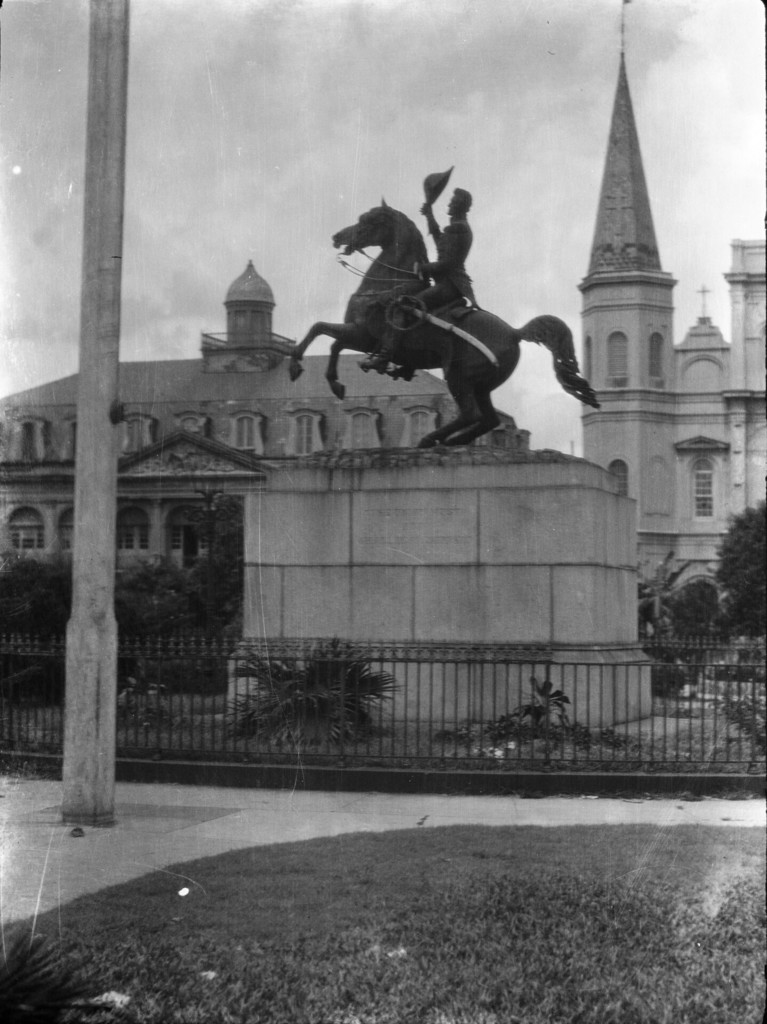 Jackson monument in Jackson Square with the Cabildo and St. Louis Cathedral