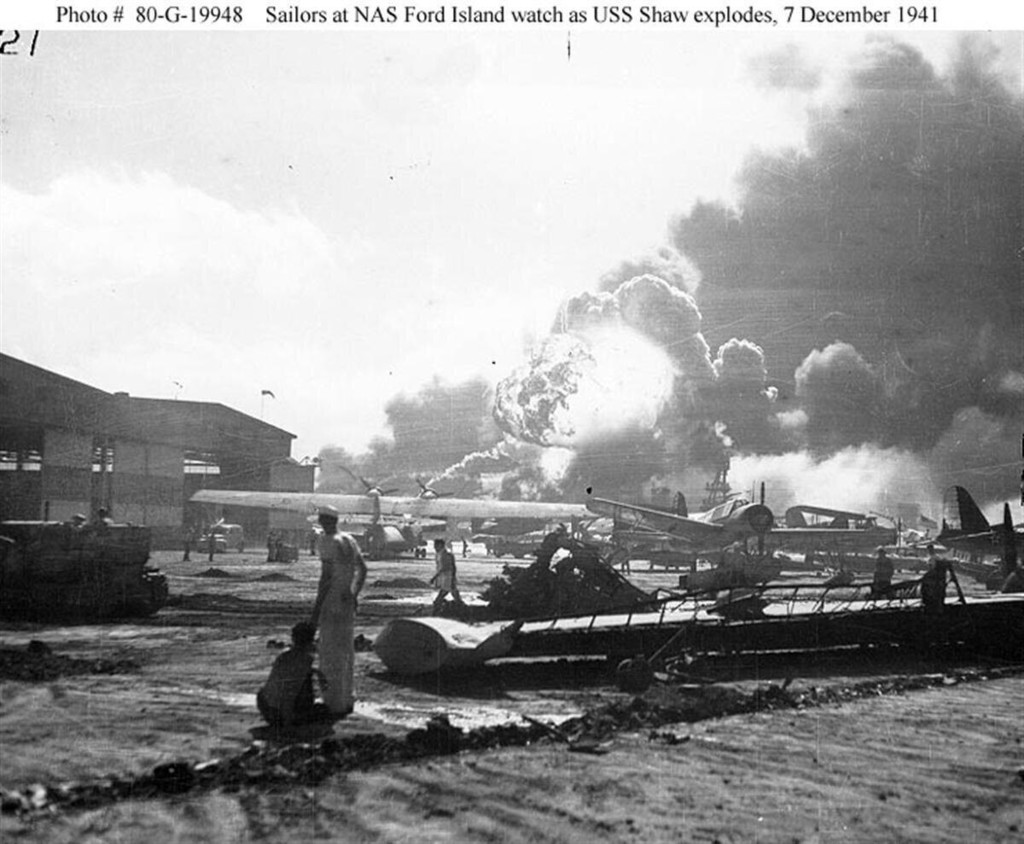 Pearl Harbor. Sailors at NAS Ford Island watch as USS Shaw explodes