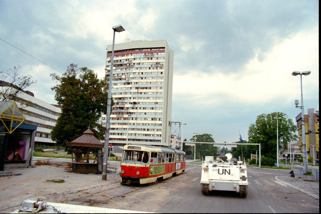 Damaged tram Parliament against Bosnia and Herzegovina