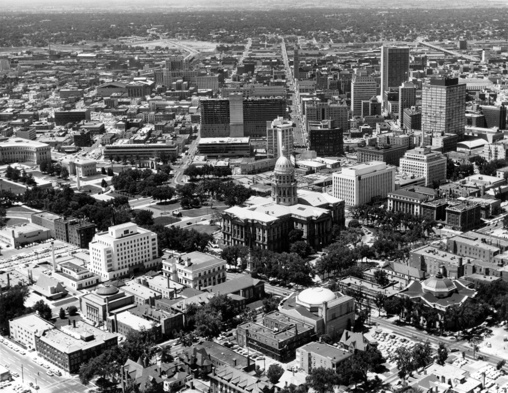 Aerial view of Capitol Hill and the central business district of Denver