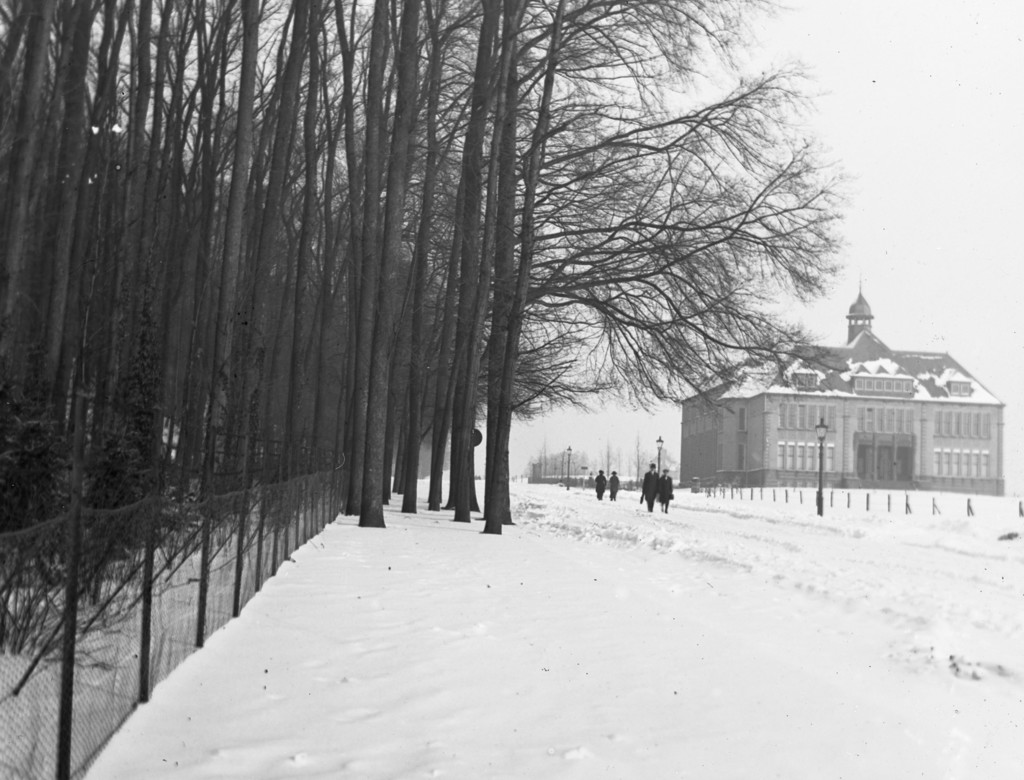Apeldoornseweg langs park Sonsbeek in de winter. In de achtergrond gebouw van de Heidemij