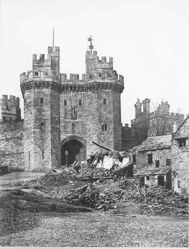 Castle Gateway during the demolition of the cottages