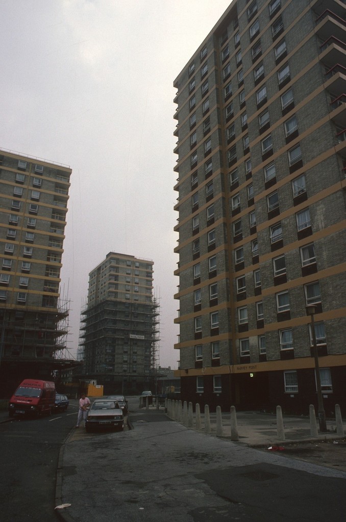View of three 15-storey blocks on Fife, Totnes and Exeter Roads development