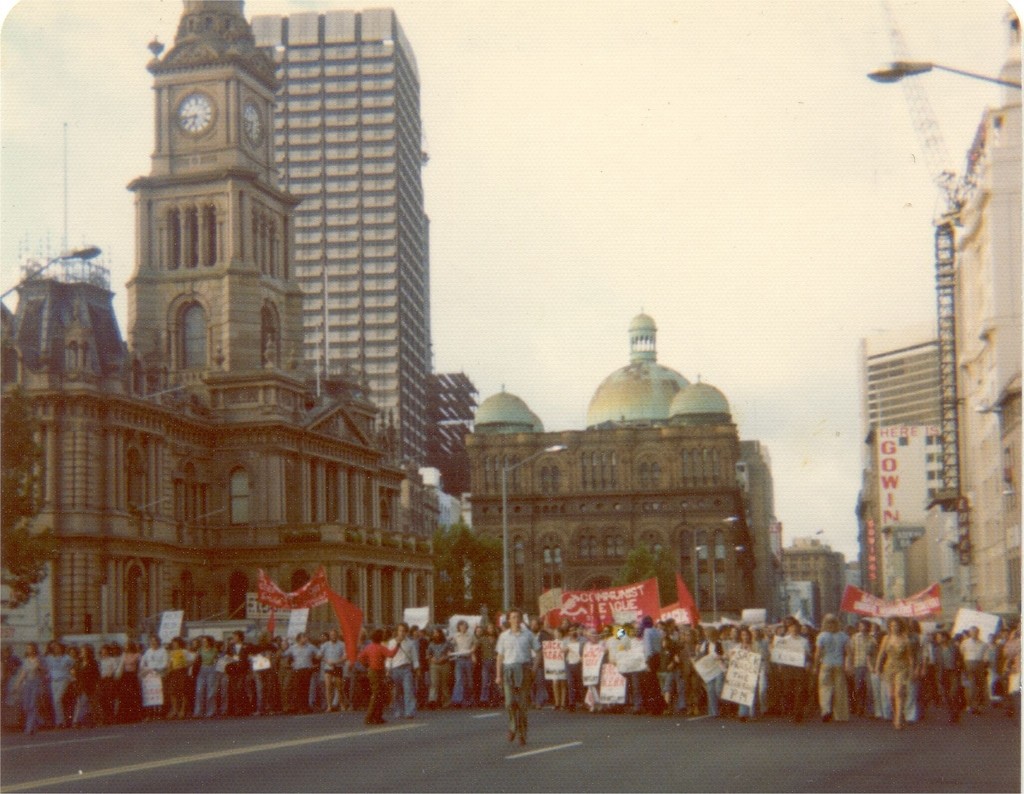 Spontaneous protest occupying the width of George street outside the Sydney Town Hall