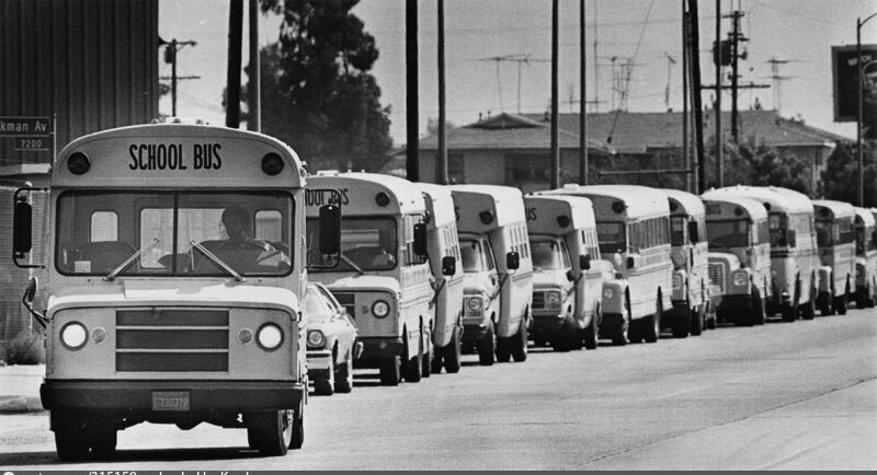 School buses line up